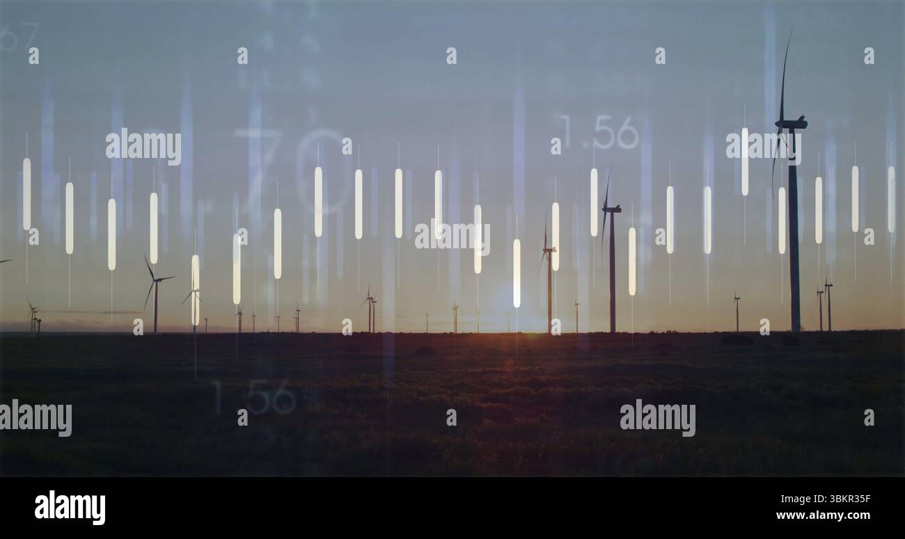 Pale rotanti delle turbine eoliche che girano all'interno del parco eolico al tramonto, con barre cartografiche e dati numerici Foto Stock Pale rotanti delle turbine eoliche che girano all'interno del parco eolico al tramonto, con barre cartografiche e dati numerici Foto Stock