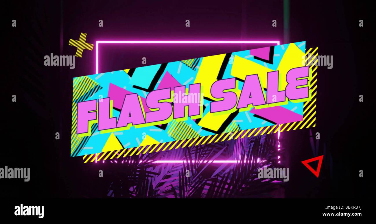 Mostra il pannello vendita Flash su un display scuro con cornice viola neon, foglie di palmo e dettagli grafici Foto Stock