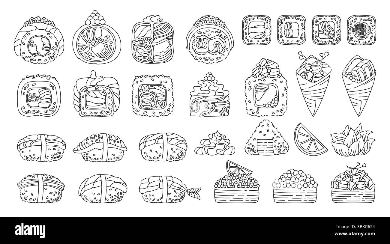 Set di doodle per i cartoni animati di sushi. Grande set di piatti tradizionali asiatici e giapponesi. Diversi piatti di pesce sushi Philadelphia, maki roll California, nigiri sashimi vettoriale lineare piatto per un Cafe bar ristorante con menu orientale Illustrazione Vettoriale