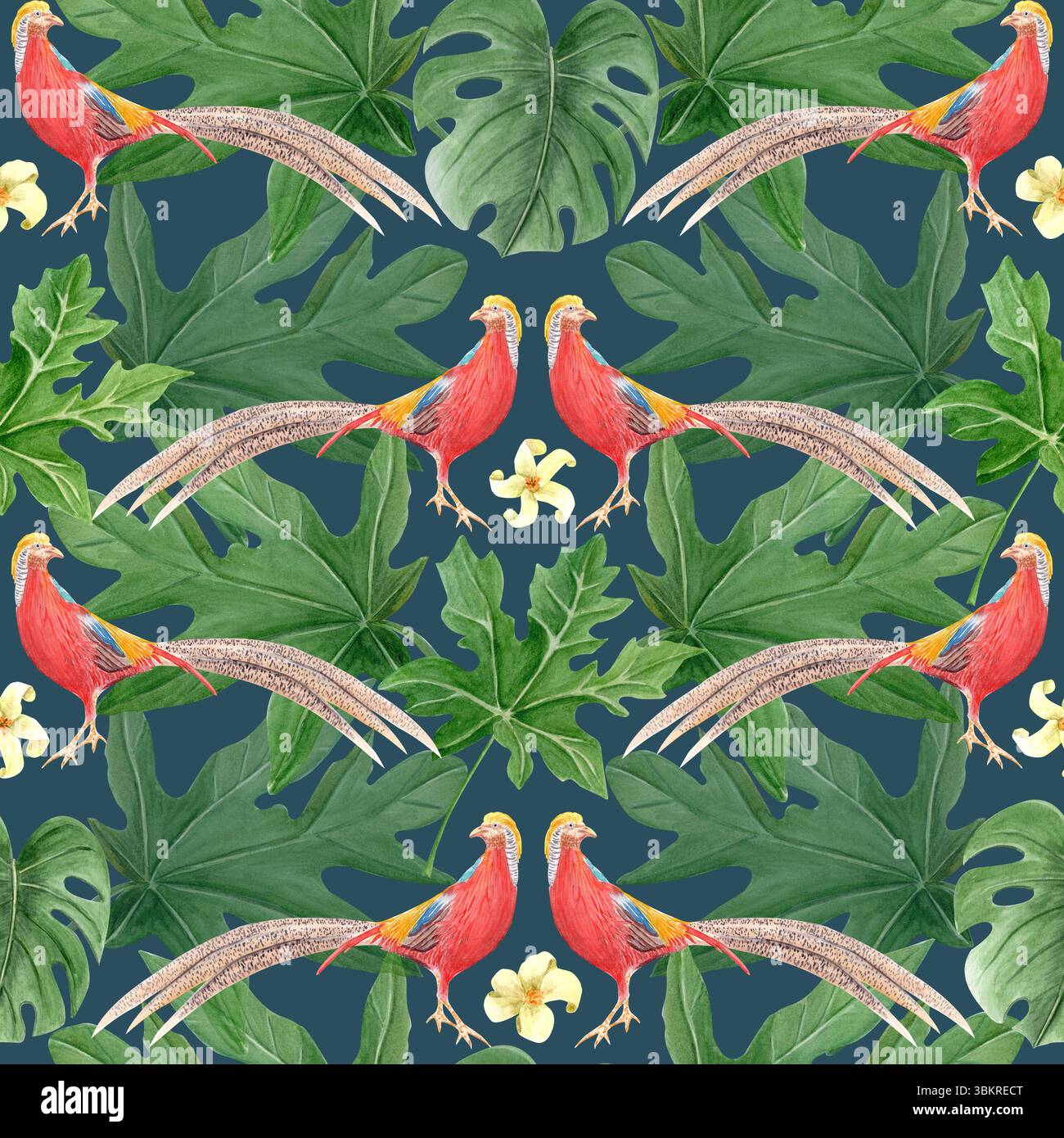 Fantasia tropicale senza cuciture con fagiani dorati rossi, fiori gialli, lussureggianti monsteri verdi, foglie di papaya. Acquerello su sfondo scuro ideale per Foto Stock