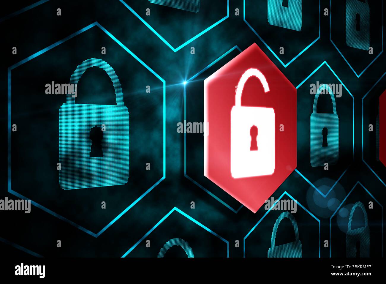 L'interfaccia utente piatta di sicurezza informatica mostra una griglia esadecimale con lucchetti bloccati evidenziando la cella esadecimale sbloccata rossa Foto Stock