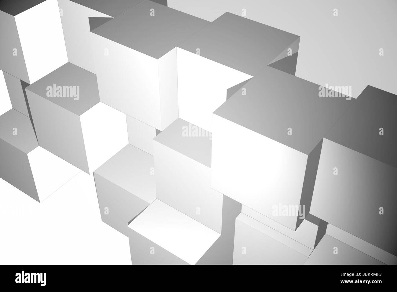 I cubi bianchi e grigi 3D si sovrappongono in un rendering minimalista astratto con ombre su sfondo bianco Foto Stock