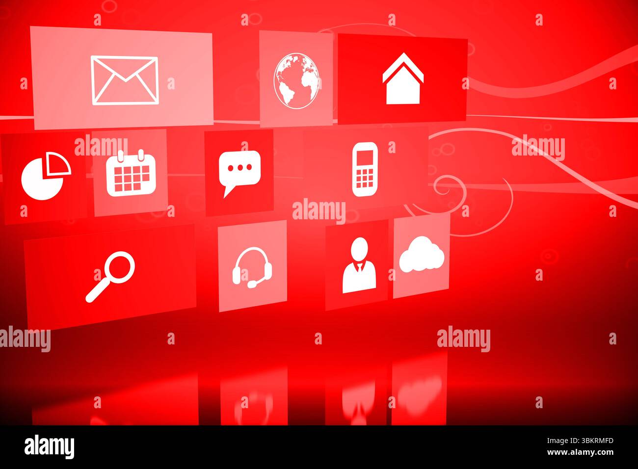 Le icone rosse del servizio cloud a busta scorrono sull'interfaccia rossa lucida con linee vorticose Foto Stock