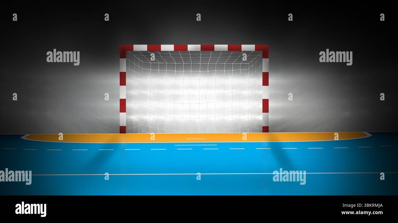 L'obiettivo di pallamano con rete viene mostrato su un campo blu dal design piatto con zona semicerchio verniciata Foto Stock L'obiettivo di pallamano con rete viene mostrato su un campo blu dal design piatto con zona semicerchio verniciata Foto Stock