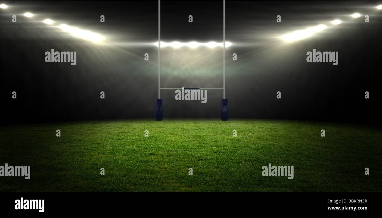 I pali bianchi per il rugby sono posizionati su un campo di erba nebbiosa sotto i riflettori luminosi con un design piatto Foto Stock