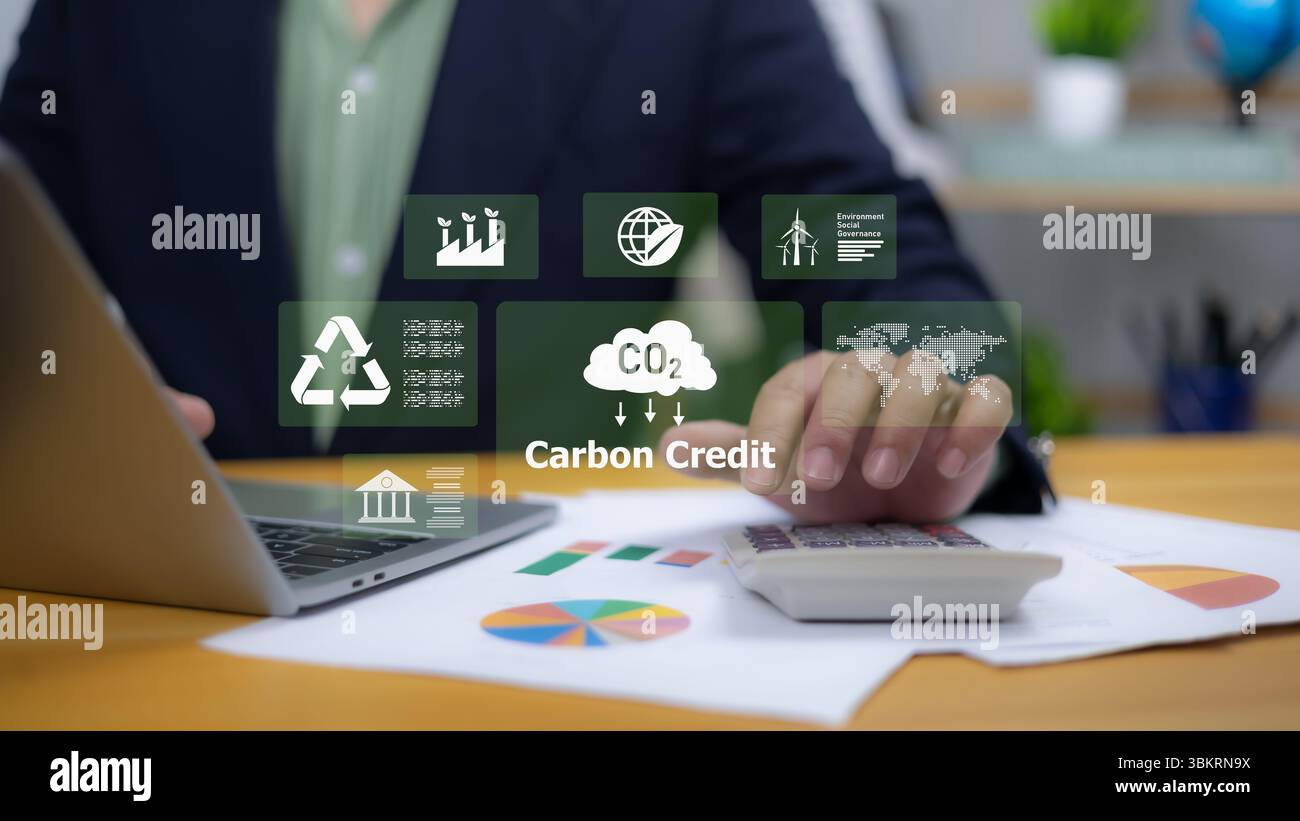 Responsabilità ambientale, pratiche aziendali sostenibili, energie rinnovabili e governance aziendale. Affari ecologici. Una persona che interagisce con un Foto Stock