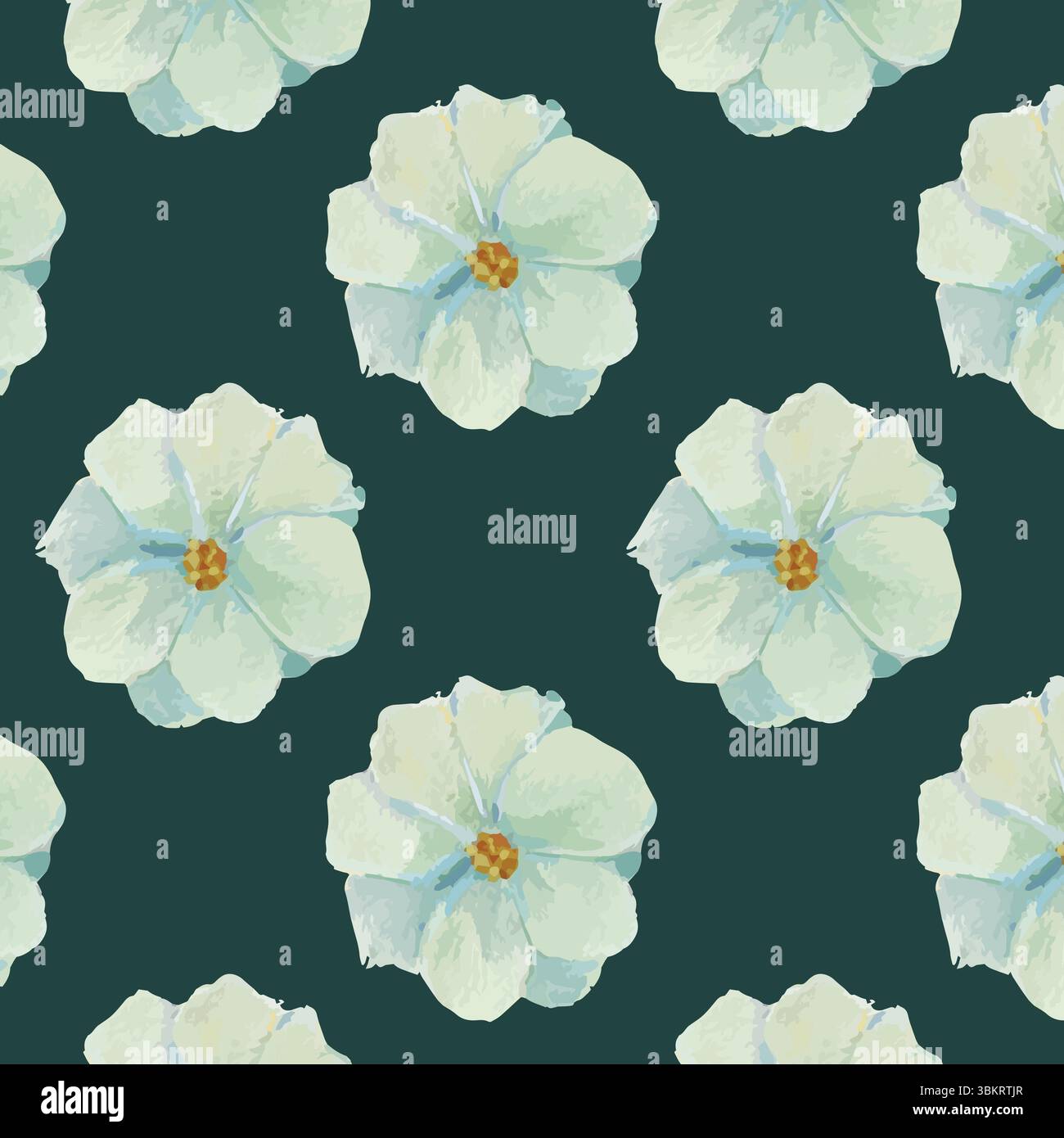 Motivo ad acquerello dei fiori di albicocca blu pallido su sfondo verde scuro. Motivo floreale vintage per avvolgere carta e decorazioni. Fiori da giardinaggio. Illustrazione Vettoriale