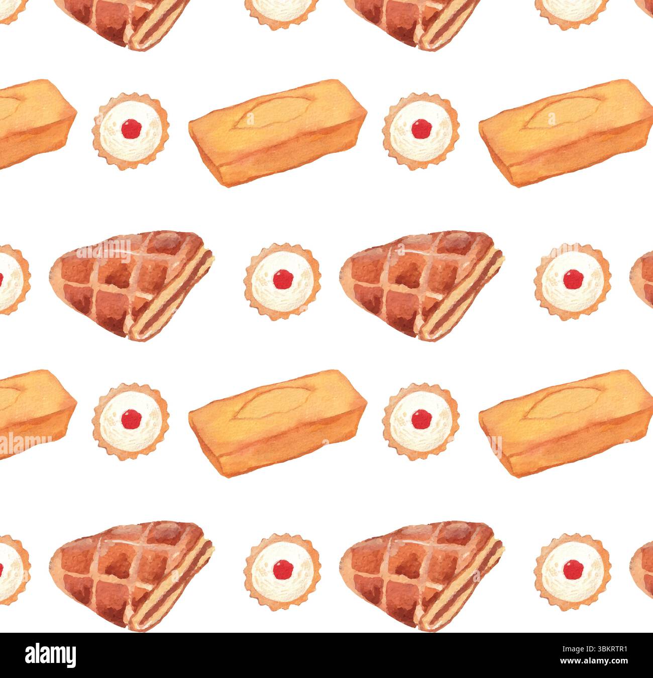 Motivo di acquerello senza cuciture con torta alla torta, Chausson aux Pommes e marmellata - Design a tema panificio. Motivo ad acquerello dipinto a mano senza cuciture. Illustrazione Vettoriale