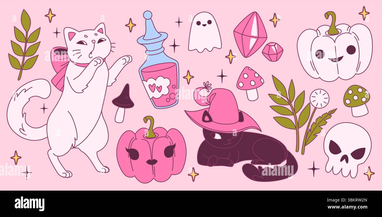 Collezione Coquette halloween con gatti e fantasmi, cappello da strega e bottiglia di pozione, cristalli e funghi, cranio, zucca con viso e foglie. Elementi spettrali Kawaii per una bella decorazione autunnale. Illustrazione Vettoriale