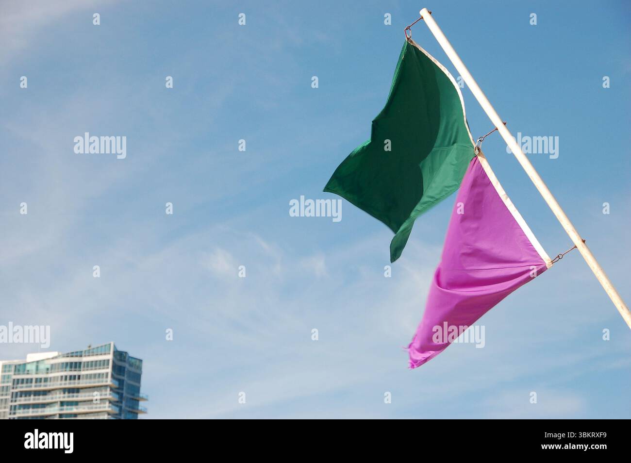 Bandiere verdi e viola di avvertimento sulla spiaggia che sventolano nel vento contro un cielo blu limpido, con un edificio moderno visibile sullo sfondo Foto Stock