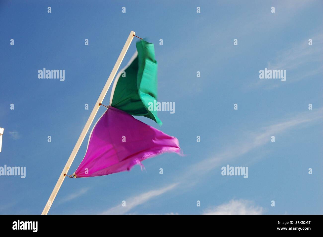 Bandiere verdi e viola di avvertimento sulla spiaggia che sventolano nel vento contro un cielo blu limpido, con un edificio moderno visibile sullo sfondo Foto Stock