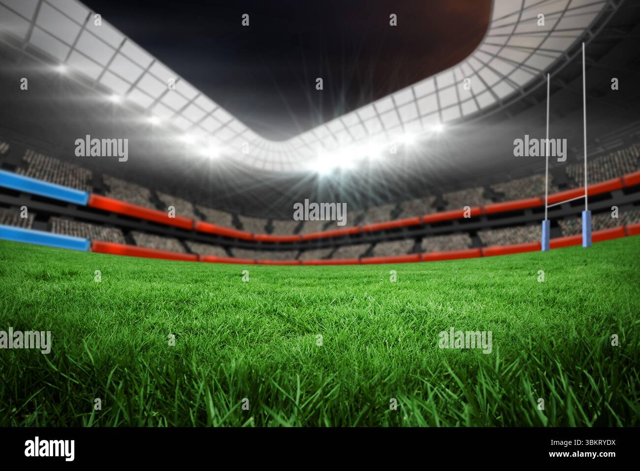 Mostra gli interni dello stadio: Pali da rugby, gradini dei posti verdi rosso-blu, tetto curvo, proiettori Foto Stock