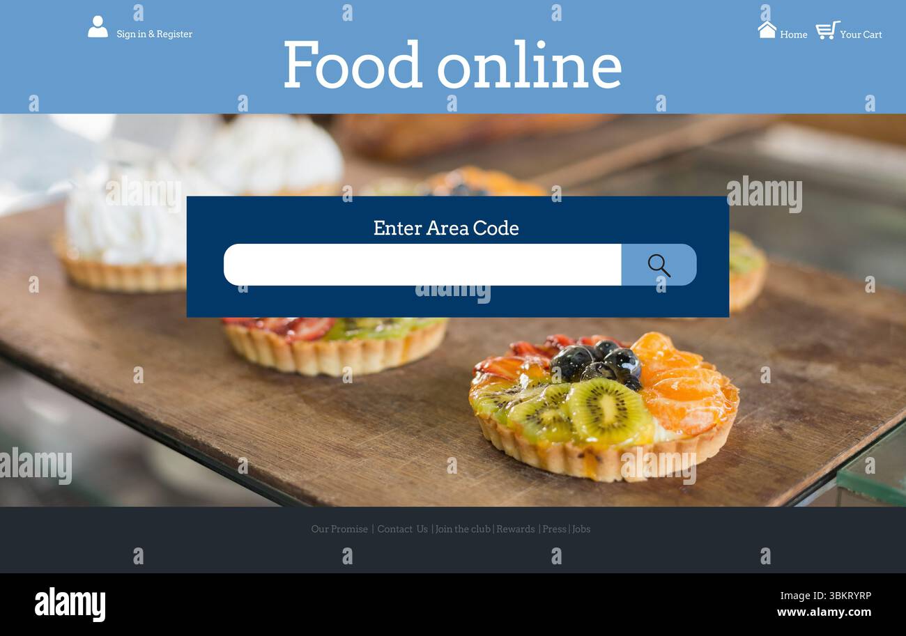 mostra pagina con bar nav, barra di ricerca tavola di legno con crostata di frutta che ricopre bacche di arancia kiwi Foto Stock