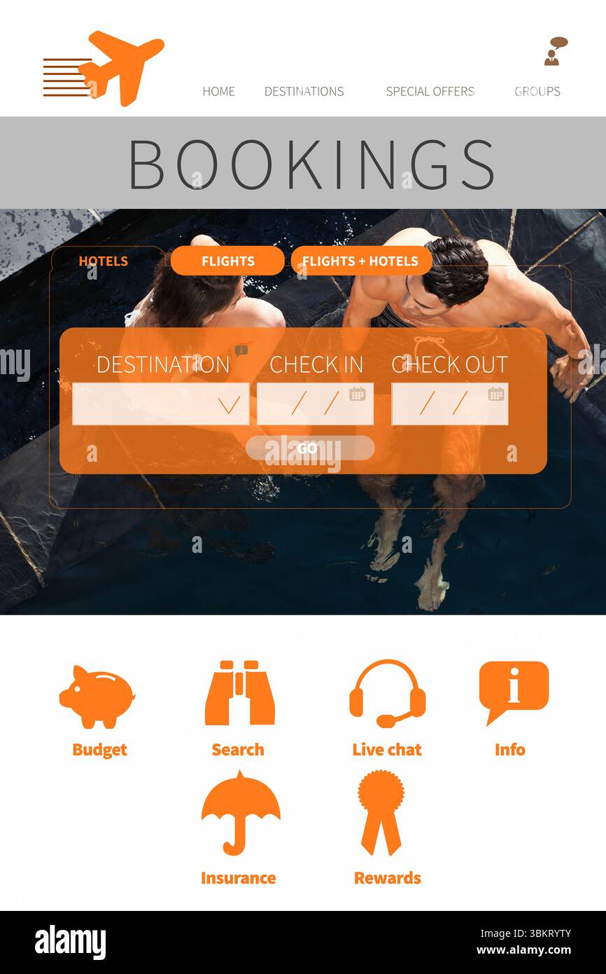 App di prenotazione vacanze con persone sullo sfondo Foto Stock