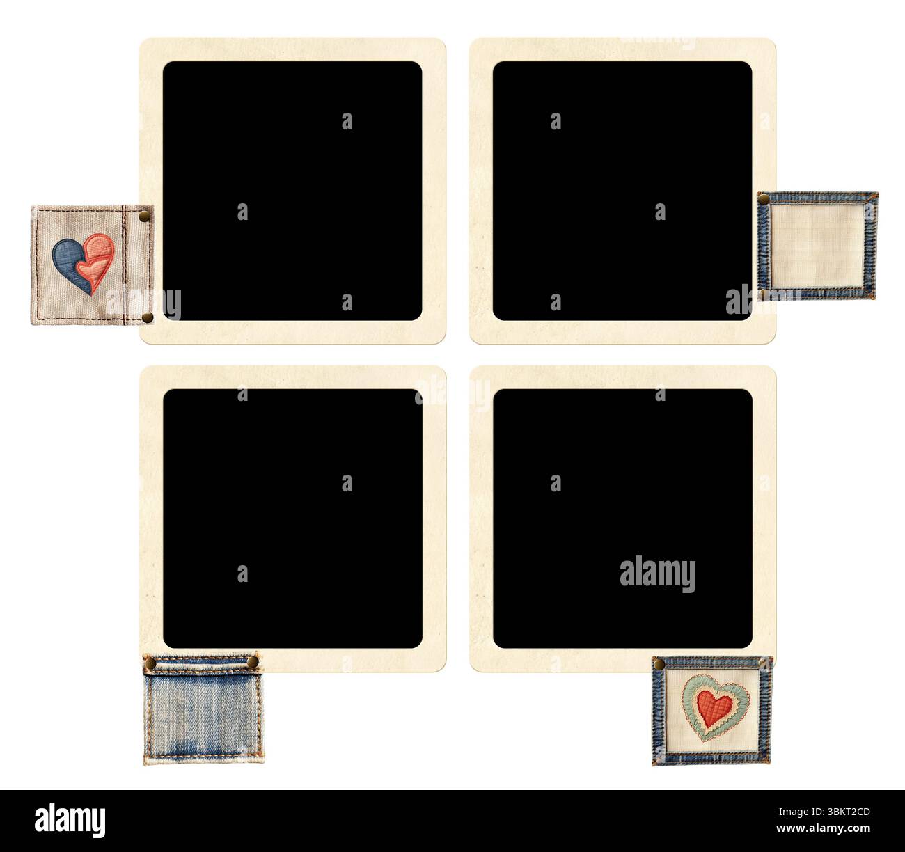 Set di foto con cornice retrò e patch in denim. Collezione di photoframe con etichette jeans per scrapbooking. Decorazioni in stile vintage. Isolato su bianco. Retro Foto Stock