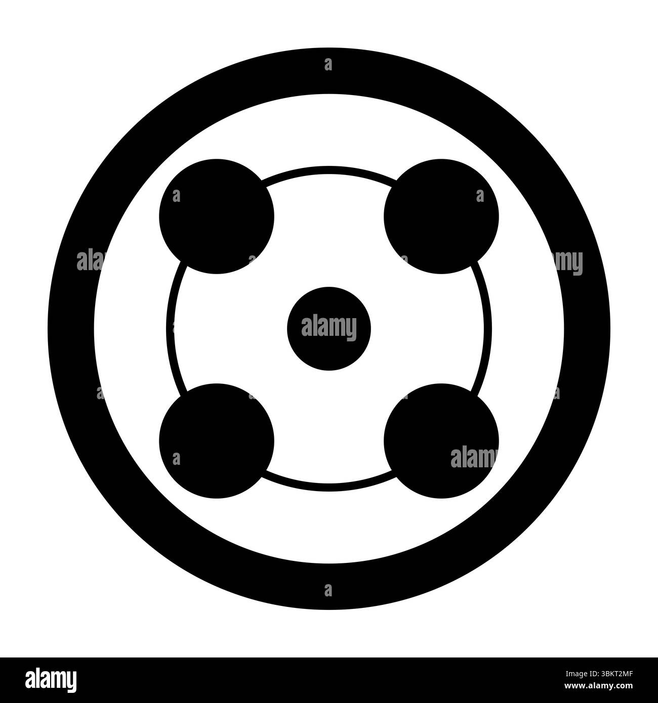 Cinque cerchi disposti a forma di faccia di dadi di cinque pips, circondati e collegati da due cerchi. Forse un riferimento a elementi o quote Foto Stock