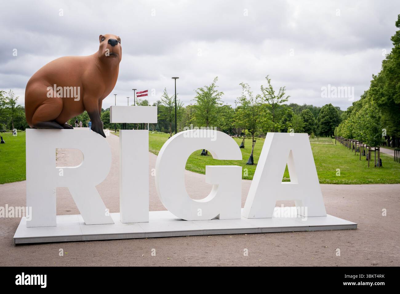 RIGA, LETTONIA. 19 giugno 2025. Figura animale capybara sulle lettere della città di RIGA. Capybara è uno dei simboli principali del pluripremiato film animato Flow. Foto Stock