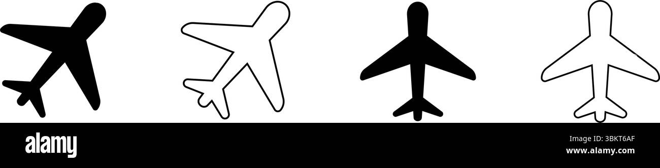 Set di icone dell'aereo, simbolo del vettore dell'aeromobile, simbolo della partenza dell'arrivo in aeroporto, segnale del trasporto di volo, illustrazione del viaggio, simbolo della vacanza. Illustrazione Vettoriale