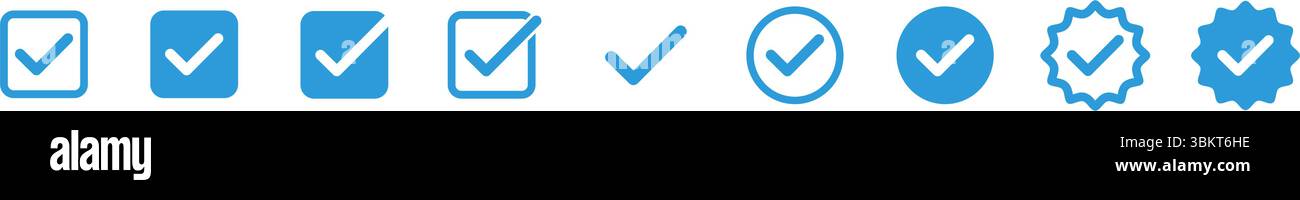 Segno di spunta blu icona verificata, segno di spunta del profilo approvato per i social media, stella, casella di controllo ok. Simbolo dell'account dei social media Illustrazione Vettoriale