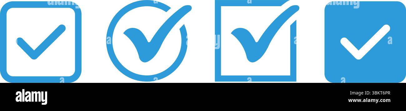 Segno di spunta blu icona verificata, segno di spunta del profilo approvato per i social media, stella, casella di controllo ok. Simbolo dell'account dei social media Illustrazione Vettoriale