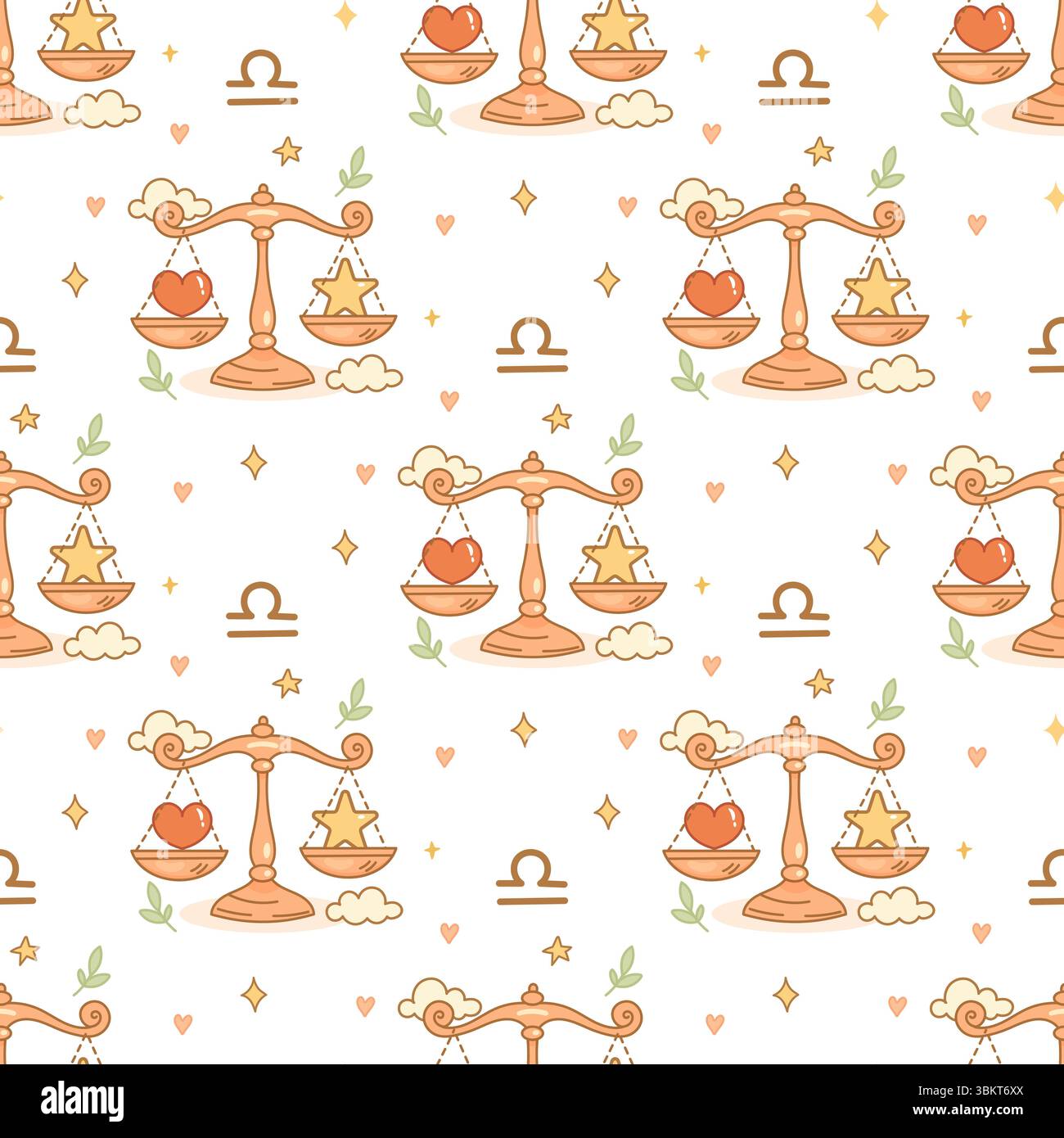 Motivo zodiaco Libra senza cuciture con scala di equilibrio, cuore, stella, nuvole e scintillio in tonalità pastello tenui. Illustrazione Vettoriale