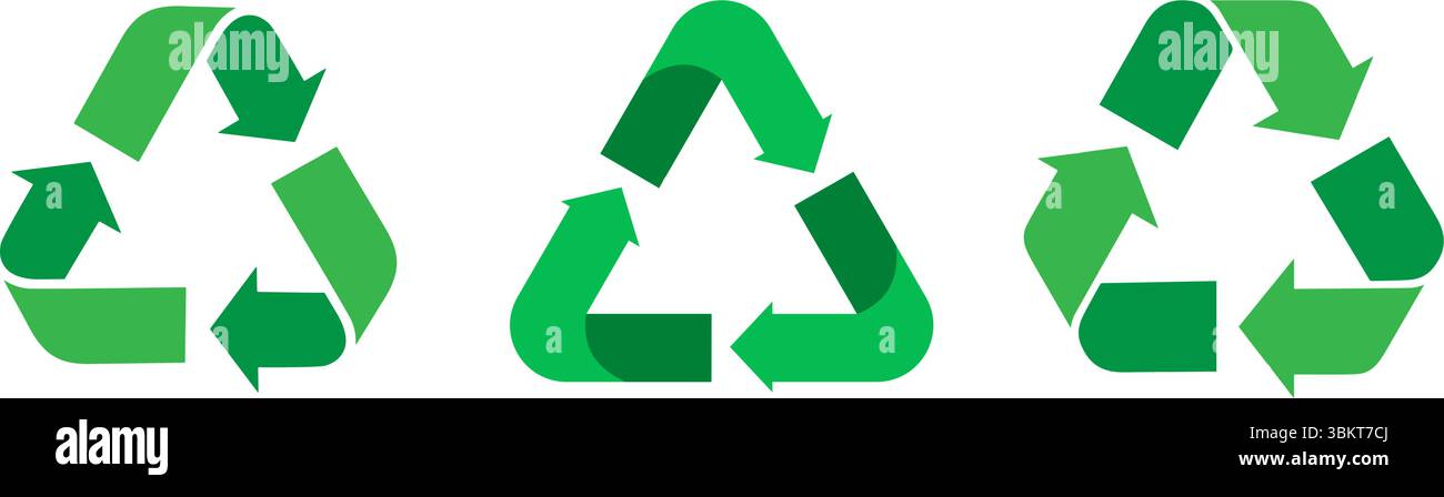Set icone riciclo. Simboli freccia di riciclaggio in stili diversi. Etichetta di riutilizzo verde e nera. Illustrazione vettoriale del badge riciclabile. Icona di riciclaggio piatta Illustrazione Vettoriale