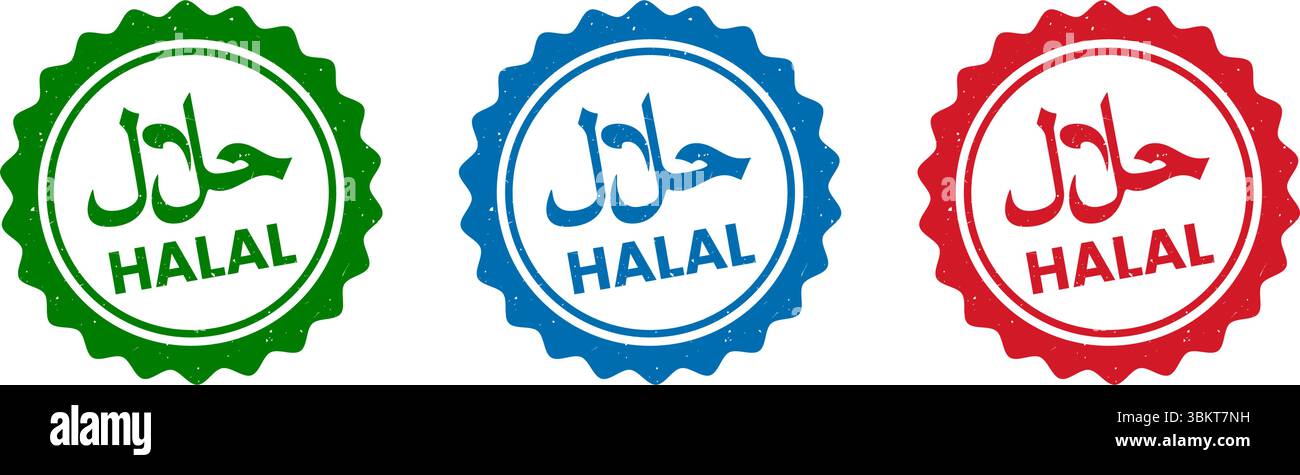 Logo Halal food, timbro con effetto grunge, icona rossa, blu e verde dell'etichetta del logo halal vettoriale. Bollo certificato Halal food, cartello del buon prodotto alimentare Illustrazione Vettoriale