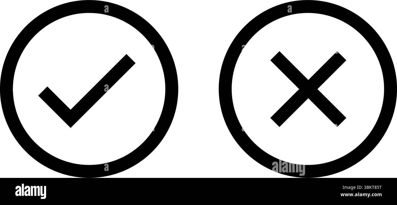 Set di icone vettoriali destro e errato, contorno nero di colore arrotondato, segno di spunta arrotondato piatto, croce, segno x, forma circolare, simbolo di tacca sottile Illustrazione Vettoriale