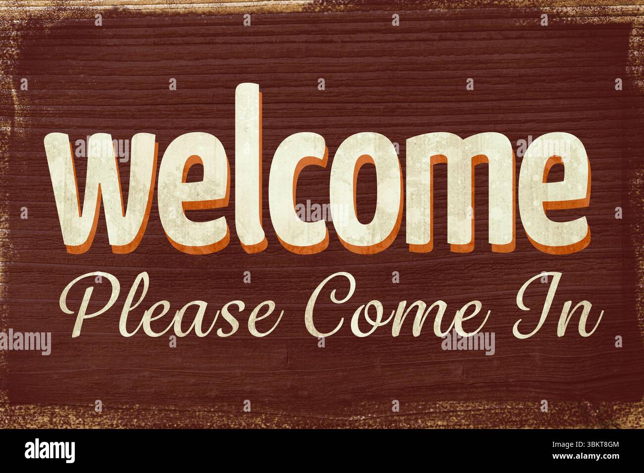 Il segno rustico dal design piatto mostra lettere a blocchi bianche e testo corsivo appeso su pareti di legno scuro Foto Stock