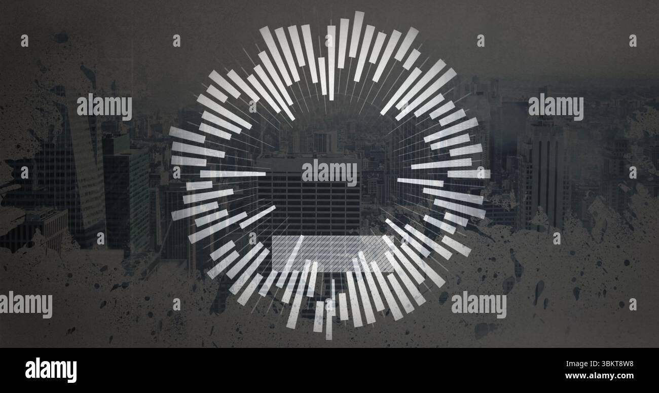 Visualizzazione di una barra bianca radiale che si sovrappone allo skyline urbano con grattacieli e trame a spruzzo Foto Stock