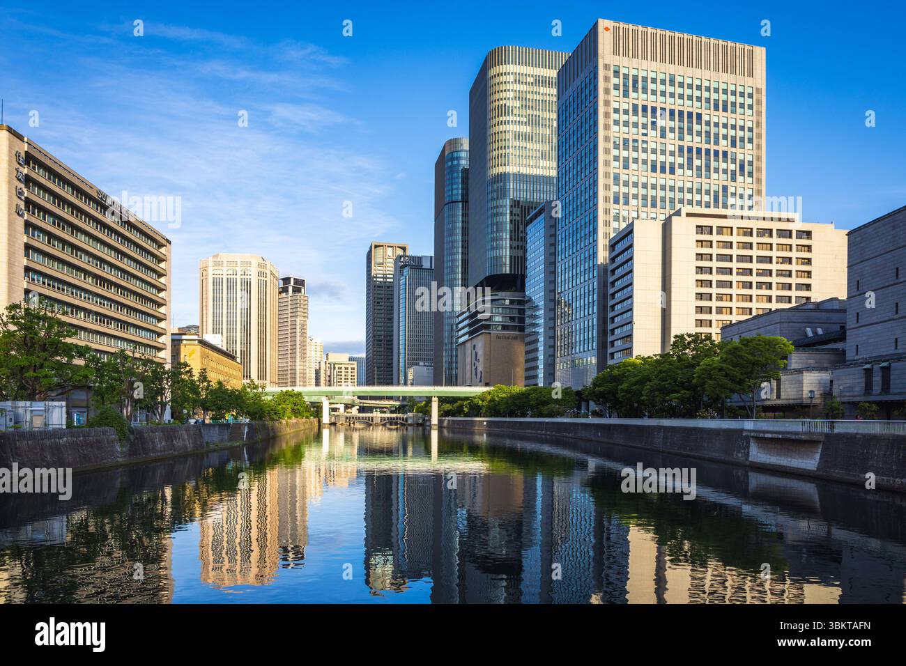 Vista dal ponte Yodoyabashi lungo il fiume Tosahori nel quartiere finanziario di Nakanoshima a Osaka, Giappone Foto Stock