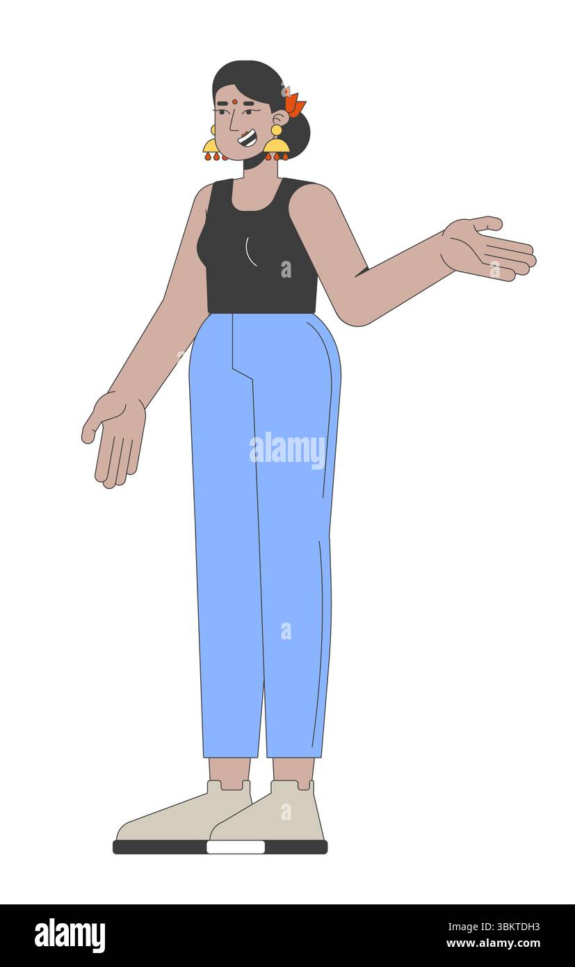Donna indù con abbigliamento casual che si muove mentre parla di un personaggio dei cartoni animati 2D. Illustrazione Vettoriale