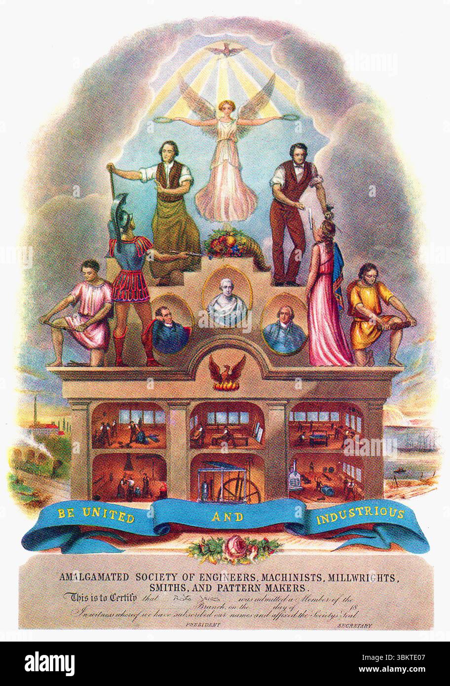 Ingegneria e tecnologia --- Un poster vittoriano per la Amalgamated Society of Engineers and Iron Trades (1852). Il suo motto era "essere Uniti e industriosi”. Rappresentavano la Amalgamated Society of Engineers Machinists Millwrights Smiths and Pattern Makers. Foto Stock