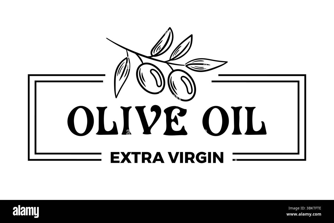 Questa illustrazione vettoriale presenta un grazioso ramo d'oliva accanto a un'elegante etichetta di olio d'oliva, che enfatizza una miscela di eleganza e bellezza naturale, per Illustrazione Vettoriale