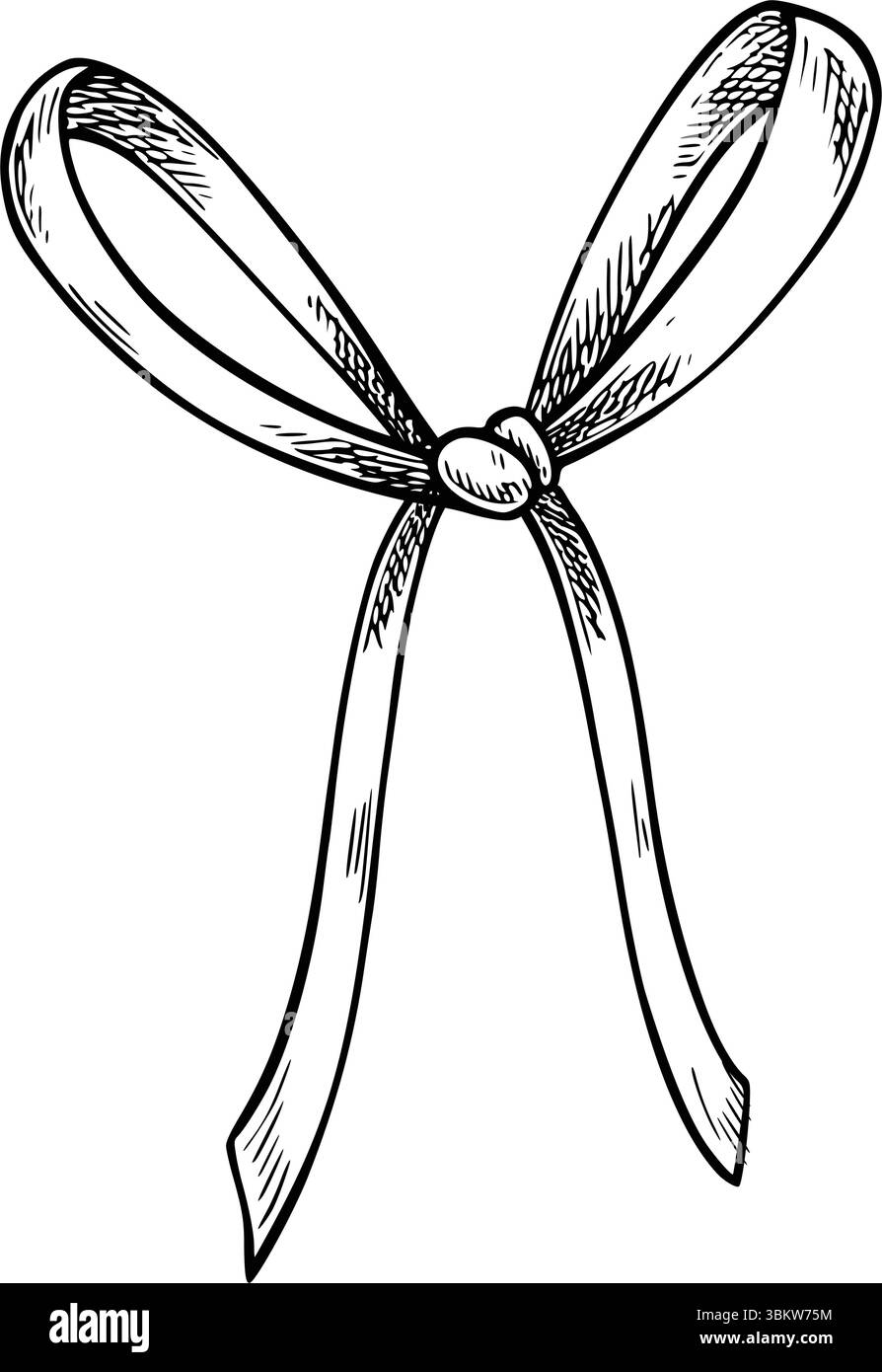 Illustrazione vettoriale dell'arco del nastro disegnato in stile incisione in bianco e nero. Disegno inciso per inviti di nozze, imballaggi o inviti per la baby shower. Incisione per progetti di design vintage. Illustrazione Vettoriale