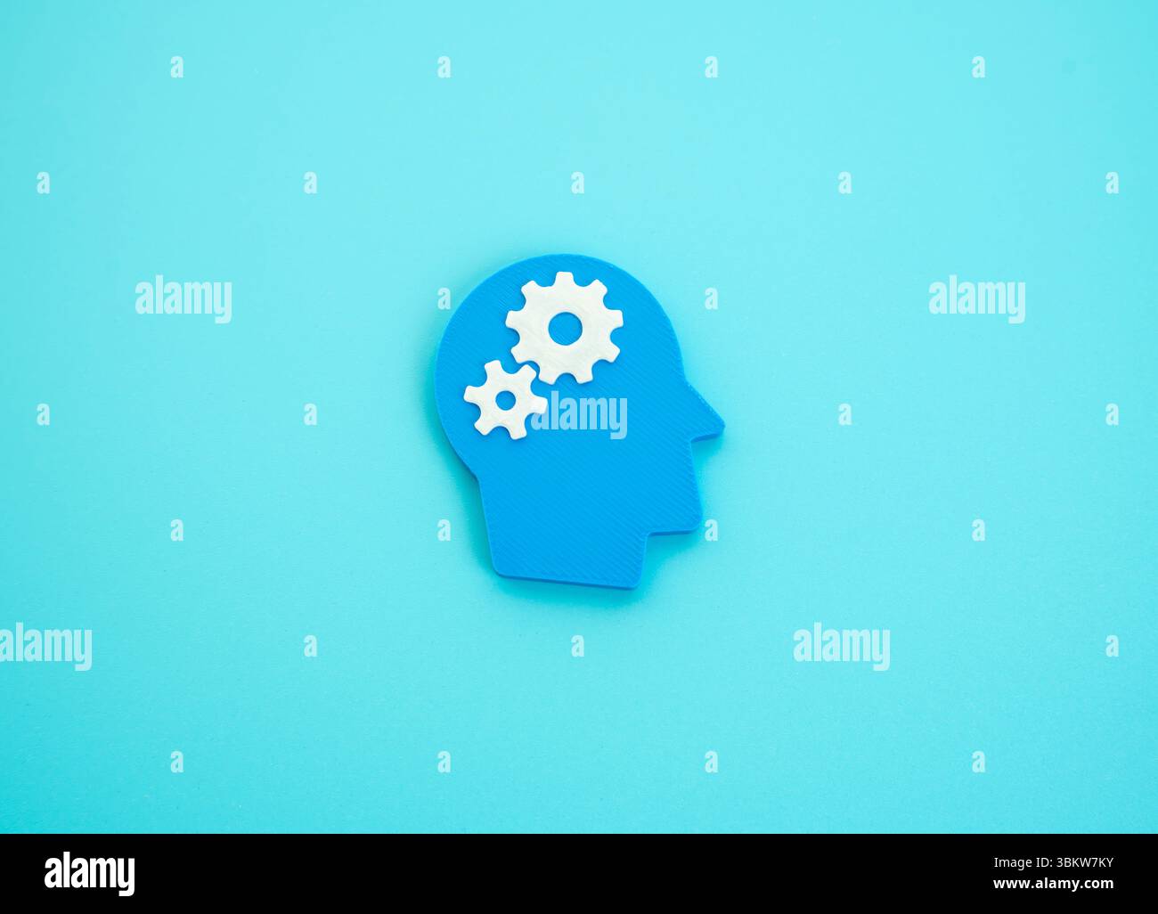 Ingranaggi nella testa. Metafora del processo di pensiero. Pensare, elaborazione mentale. Brainstorming, creatività, funzioni cognitive e innovazione. Foto Stock