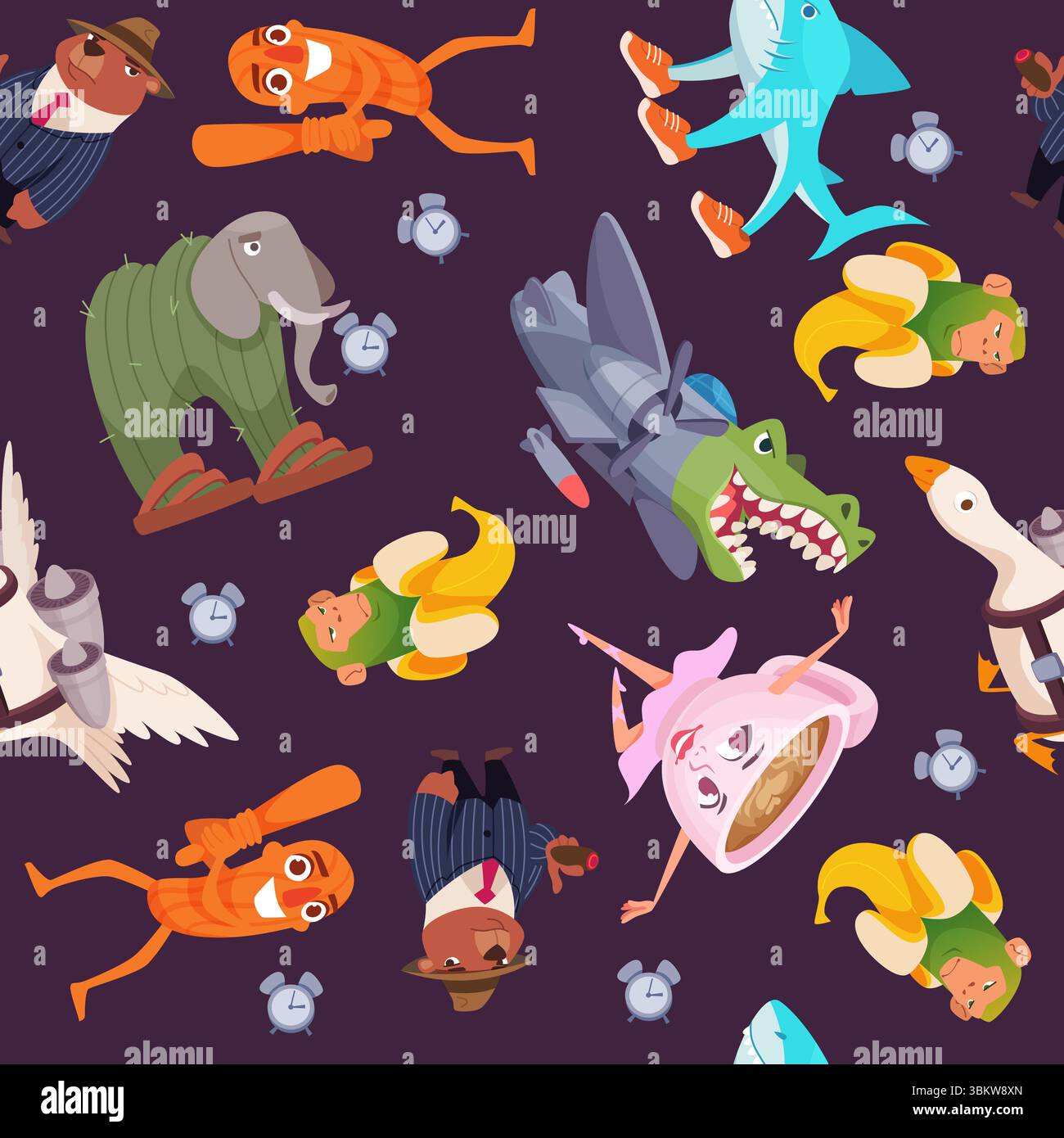 Personaggi divertenti. motivo senza cuciture con brutto cervello personaggi carini italiani coccodrillo oca ballerina cappuccina Illustrazione Vettoriale