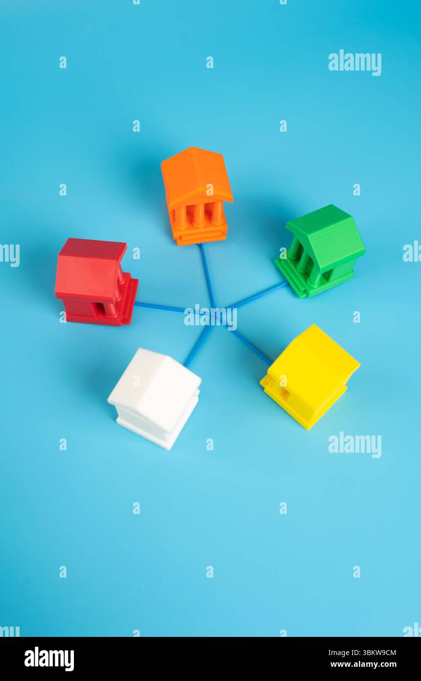 Le banche sono collegate tra loro. Rete interbancaria. Sistema finanziario. Politica monetaria, digital banking e coordinamento normativo nella netwo finanziaria Foto Stock