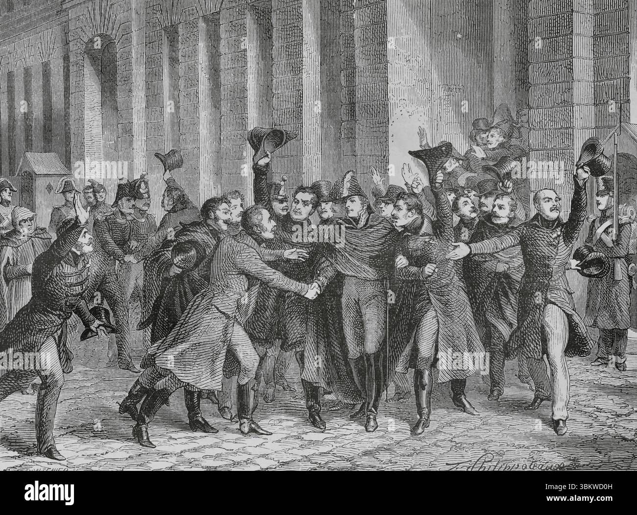 Rémy Joseph Isidore Exelmans (1775-1852). Maresciallo di Francia. Prese parte alle guerre rivoluzionarie francesi e alle guerre napoleoniche. Accusato di corrispondenza con Murat e di spionaggio, fu processato davanti a una corte marziale presieduta dal generale Drouet, conte di Erlon, e fu assolto il 23 gennaio 1815. Congratulazioni al generale Exelmans per la sua assoluzione. Disegno di Philippoteaux. Incisione di Pontenier. Histoire du Consulat et de l'Empire (storia del Consolato e dell'Impero di Francia sotto Napoleone), di A. Thiers. Volume IV. Pubblicato a Barcellona, 1879. Foto Stock