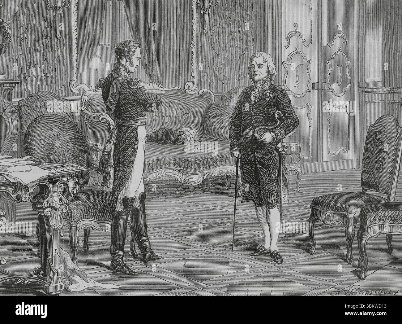 L'imperatore Alessandro i di Russia incontra Charles Maurice de Talleyrand, ambasciatore di Francia, 1808. Disegno di Philippoteaux. Incisione. Histoire du Consulat et de l'Empire (storia del Consolato e dell'Impero di Francia sotto Napoleone), di A. Thiers. Volume IV. Pubblicato a Barcellona, 1879. Foto Stock