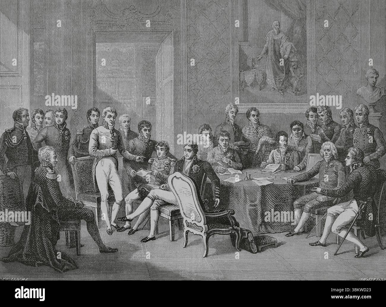 Congresso di Vienna (dal 1° novembre 1814 al 9 giugno 1815). Assemblea internazionale convocata da Francesco i d'Austria. Il suo scopo era quello di ristabilire i confini europei dopo la sconfitta di Napoleone e la successiva abdicazione. Rappresentanti diplomatici delle grandi potenze europee. Disegno di Girardet. Incisione di Chapon. Histoire du Consulat et de l'Empire (storia del Consolato e dell'Impero di Francia sotto Napoleone), di A. Thiers. Volume IV. Pubblicato a Barcellona, 1879. Foto Stock