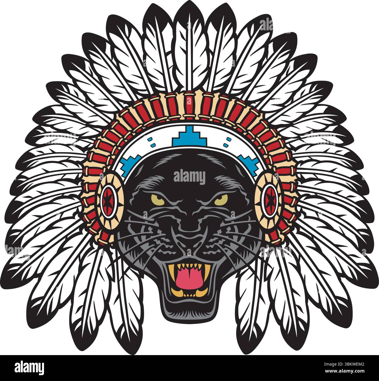 Panther Head con il copricapo indiano dei nativi americani. Illustrazione vettoriale. Illustrazione Vettoriale