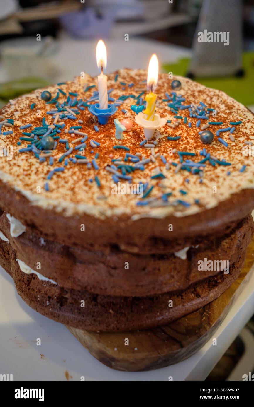 Festeggia con una torta di compleanno fatta in casa con glassa, spruzzette e due candele accese. Foto Stock