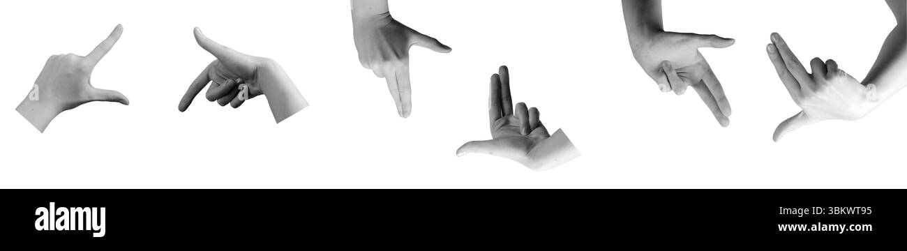 mano che inquadra un oggetto invisibile con il dito indice e il pollice, creando una vista astratta. Gesto di acquisizione o composizione, che mostra una chiara portata. Isola Foto Stock
