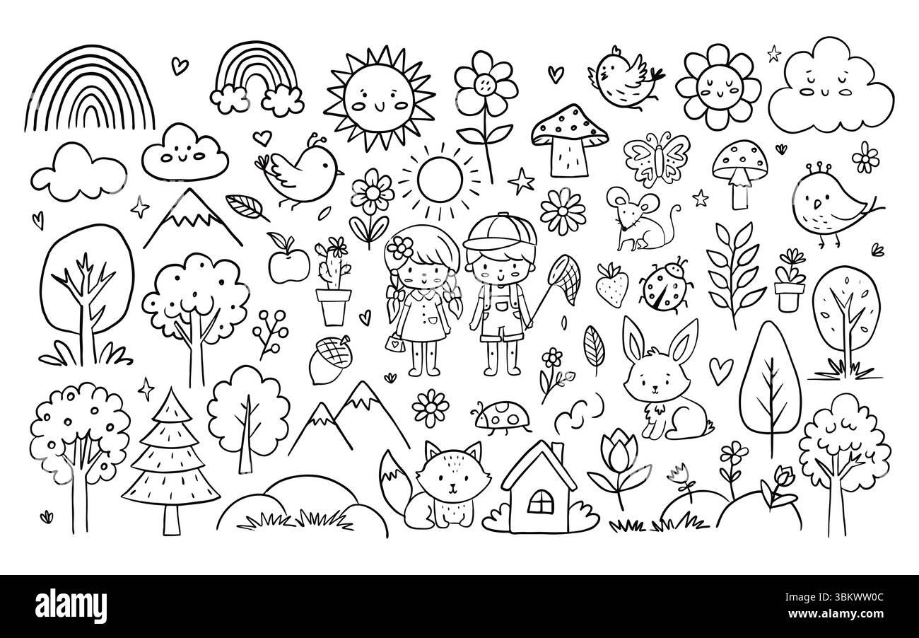 Un affascinante scarabocchio raffigurante bambini, animali, paesaggi naturali e fiori in fiore. Delineare elementi disegnati a mano, perfetti per i temi dell'infanzia. Nero Illustrazione Vettoriale