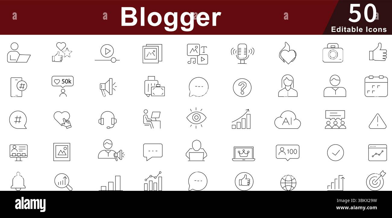 Set di icone per blogger Content Creator - 50 icone di scrittura per blogging modificabili per social media, pubblicazione e raccolta vettoriale di contenuti digitali Illustrazione Vettoriale