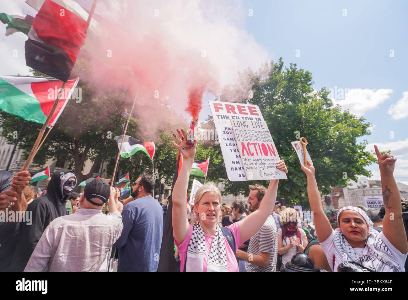 Londra, Regno Unito. 23 giugno 2025. Centinaia di sostenitori della Palestina Action manifestano a Trafalgar Square contro la decisione del governo di vietare il gruppo come organizzazione terroristica . La segretaria di casa Yvette Cooper ha annunciato lunedì che il governo userà le leggi antiterrorismo per vietare l'azione palestinese, rendendolo un reato appartenere al gruppo dopo che i suoi attivisti spruzzarono aerei militari alla RAF Brize Norton in segno di protesta contro il sostegno di Londra a Israele. .Credit Amer Ghazzal/Alamy Live News Foto Stock