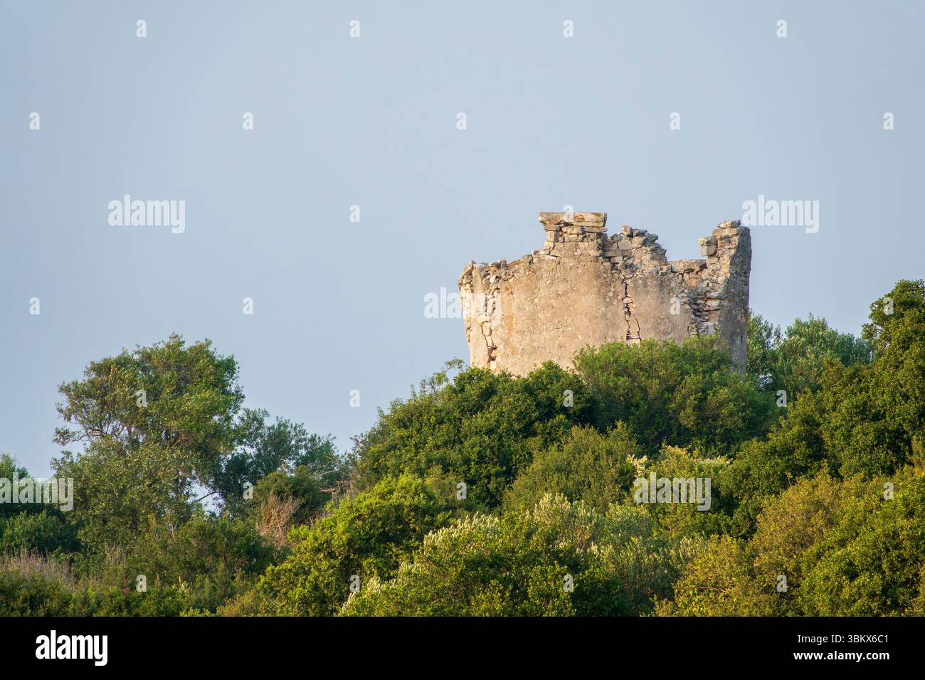 Paesaggio di un mulino a vento in rovina che appare sopra la linea degli alberi su un ripido orizzonte inclinato, Cefalonia, Grecia Foto Stock