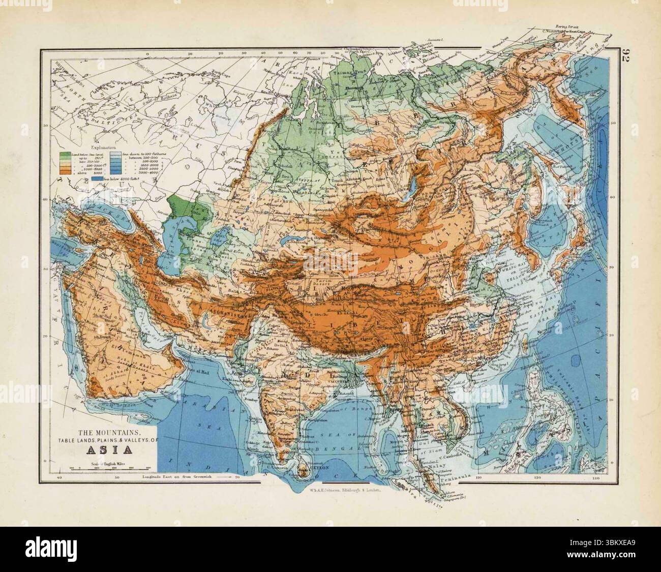 Mappa fisica: Montagne, Tavole, pianure e valli dell'Asia. W. & A.K. Johnston, mappa vintage degli anni '1890 del Victoria Regina atlas. 1897 Foto Stock