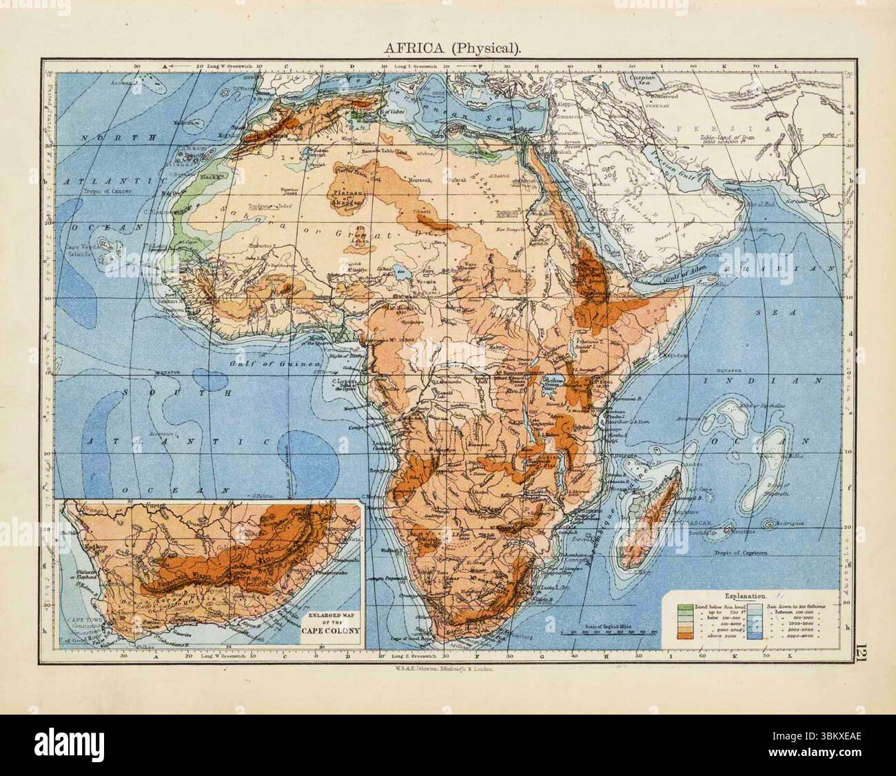 Mappa fisica: Montagne, Tavole, pianure e valli dell'Africa. W. & A.K. Johnston, mappa vintage degli anni '1890 del Victoria Regina atlas. 1897 Foto Stock